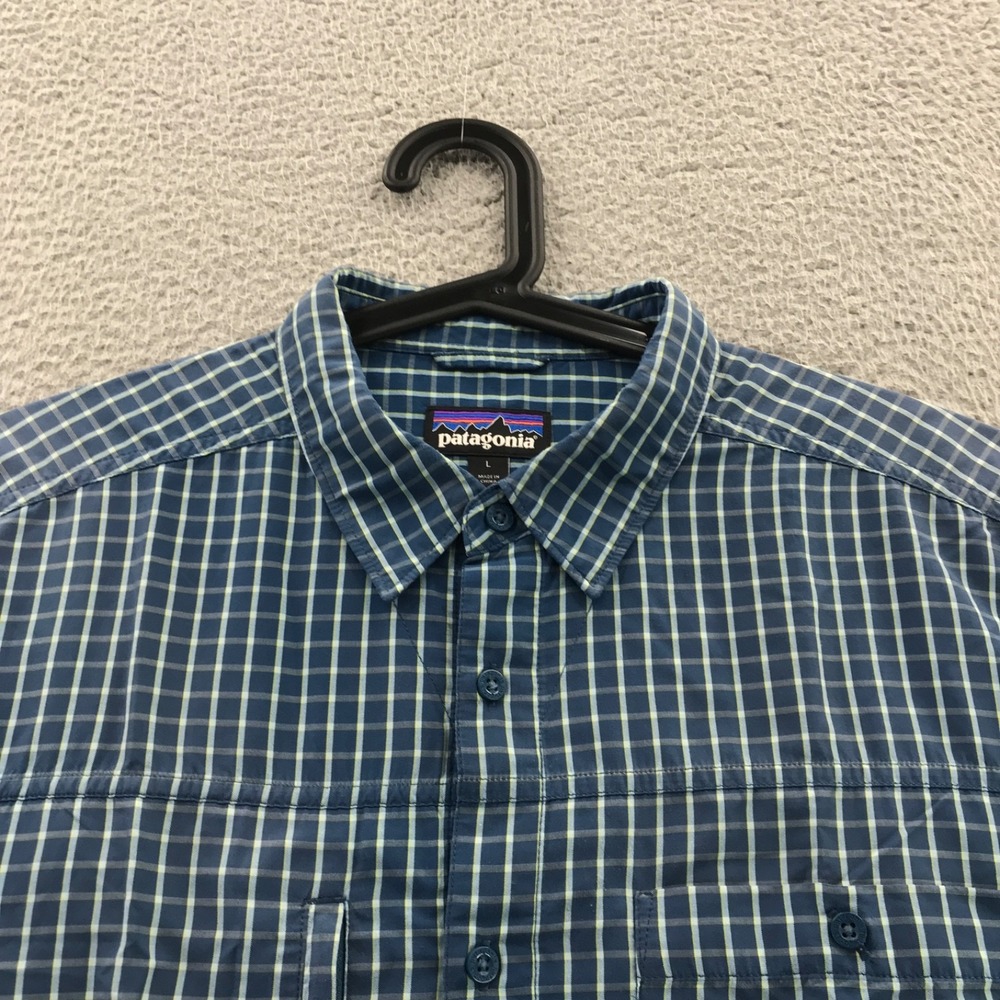 Patagonia Shirt Mens Large Blue Plaid Gallegos Zip Pocket Vent Quick Dry Outdoor